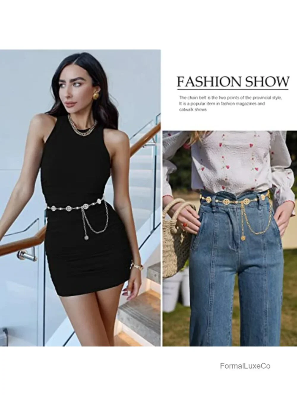 ALLOW Waist Chain Belt Rhinestone Gold Silver Fits 26-43